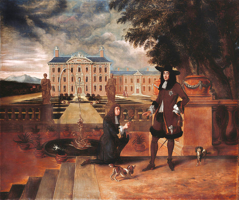 royal gardener john rose presenting a pineappel to king charles two